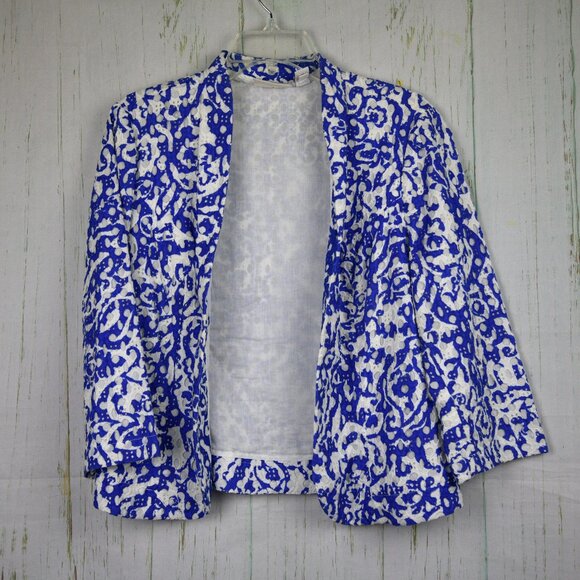 Chico's Women's Blue White Open Front 3/4 Sleeve Eyelet Jacket Size 1 - Picture 1 of 3
